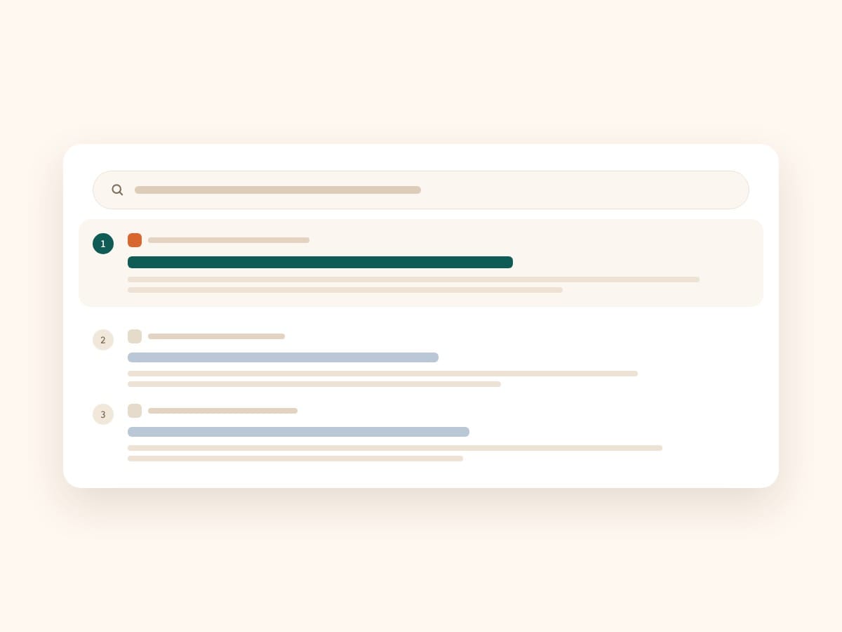 Illustration of a search results page with three numbered results, the first one highlighted