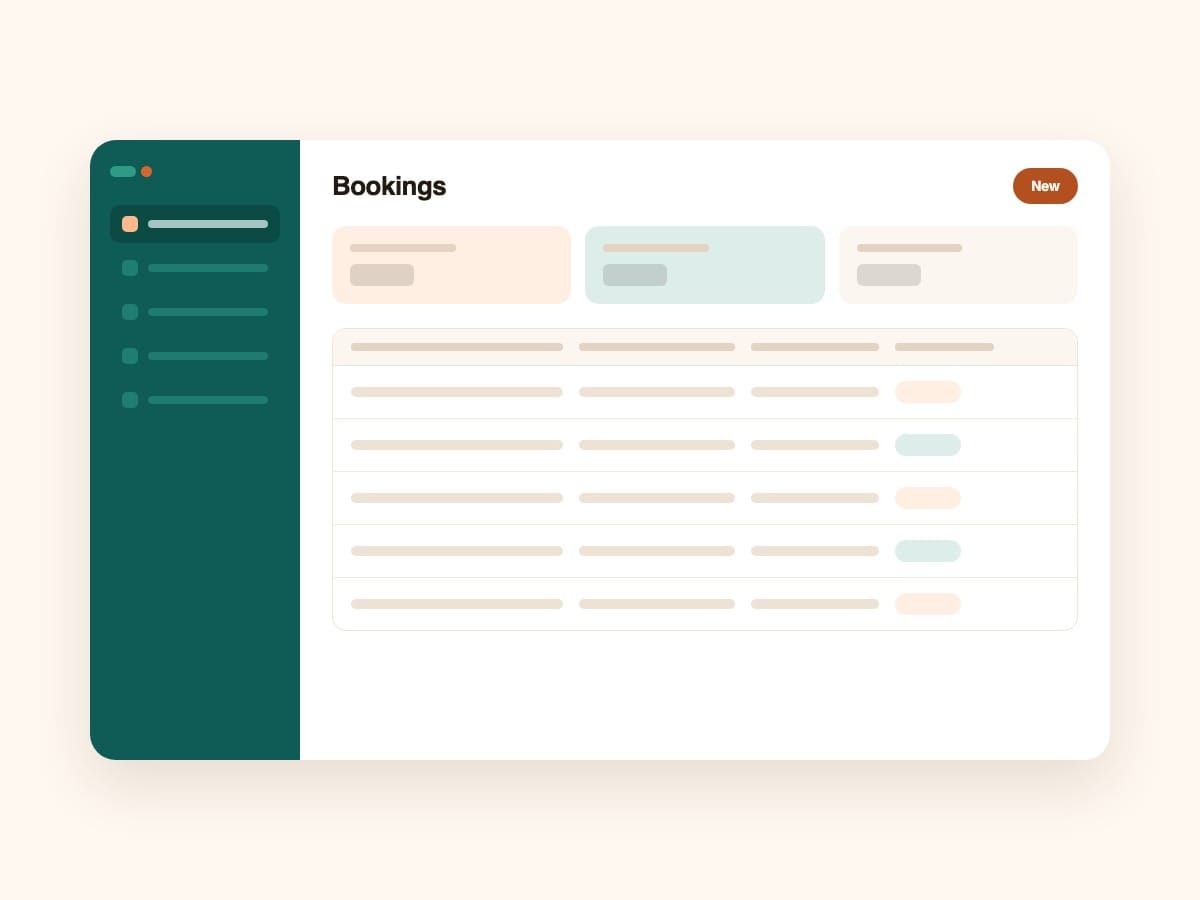 Illustration of a booking admin panel with a sidebar, summary tiles and a table of jobs
