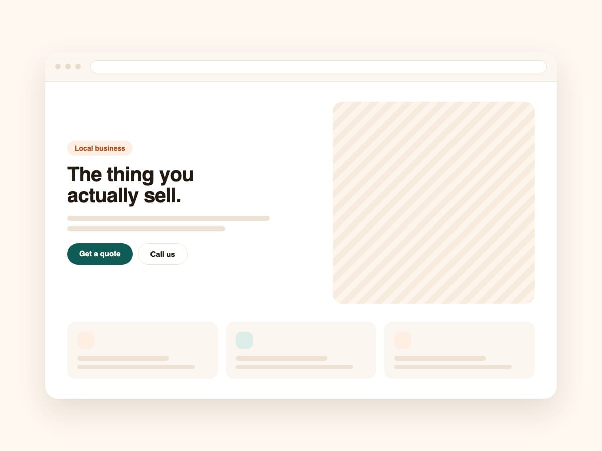Illustration of a small business homepage: a headline, a quote button and three feature cards