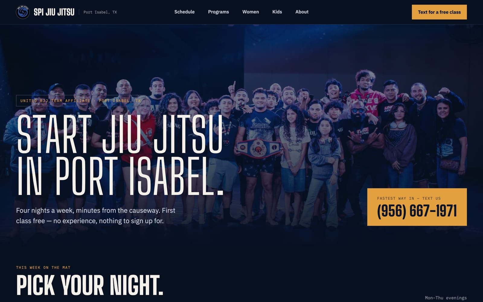 SPI Jiu Jitsu Team homepage, showing the class timetable and a free trial call to action
