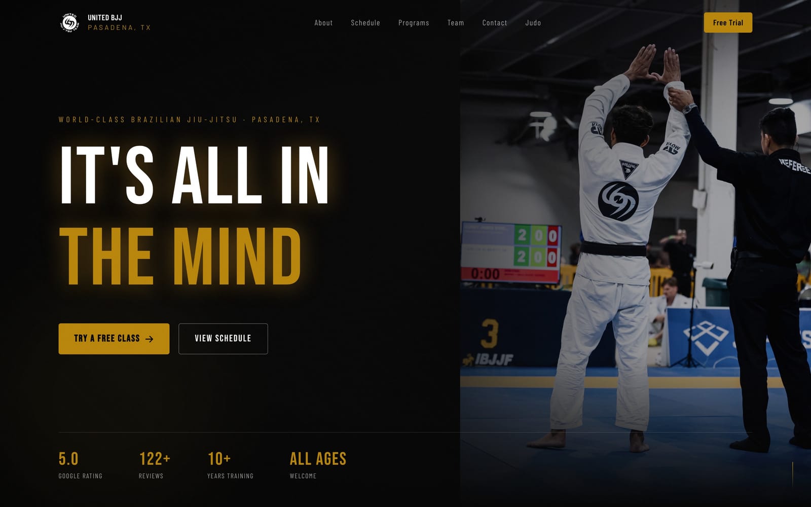 United BJJ Team homepage, showing the class schedule and a free first class offer